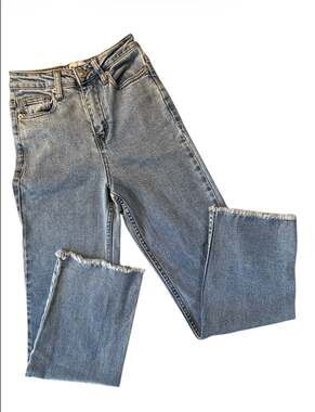 Princess Polly Holly Asymmetric Raw Hem Straight Leg Jeans in Light Wash Blue